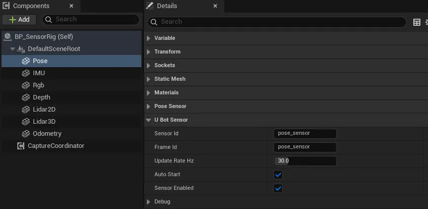uBot Pose Sensor 的 Details 面板：U Bot Sensor 类别下有 Sensor Id、Frame Id、Update Rate Hz、Auto Start 和 Sensor Enabled