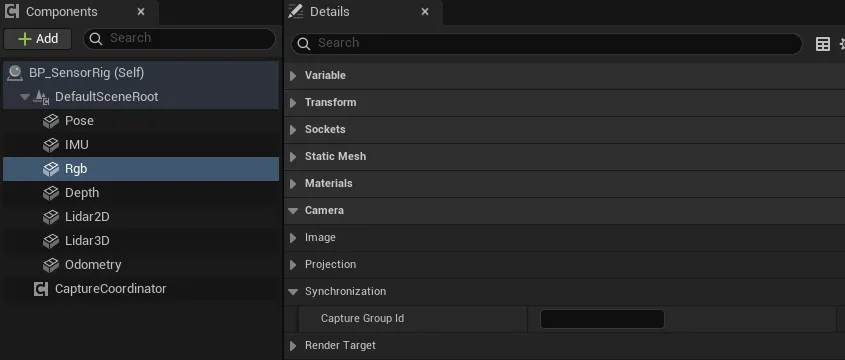 RGB 相机的 Details 面板：Camera 类别下 Synchronization 里的 Capture Group Id