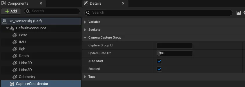 uBot Camera Capture Coordinator 的 Details 面板：Camera Capture Group 类别下有 Capture Group Id、Update Rate Hz、Auto Start 和 Enabled