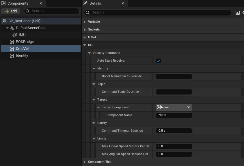 uBot ROS Velocity Command（CmdVel）的 Details 面板：Velocity Command 下的 Identity、Topic、Target、Safety 和 Limits，Limits 里有两个限速