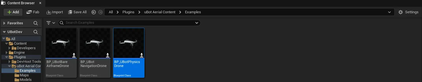 Content Browser 里「Plugins > uBot Aerial Content > Examples」下的三个示例蓝图