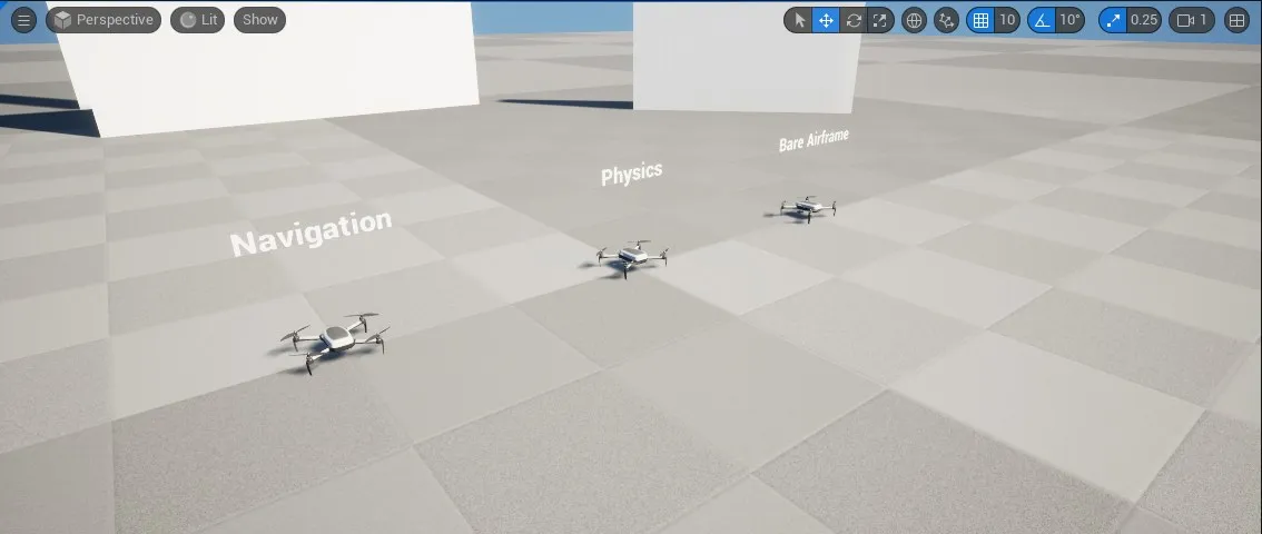 试飞关卡里并排的三架示例无人机，上方的标牌分别写着 Navigation、Physics 和 Bare Airframe
