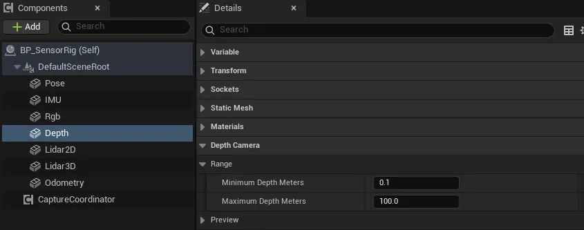 深度相机的 Details 面板：Depth Camera 类别下 Range 里的 Minimum Depth Meters 和 Maximum Depth Meters