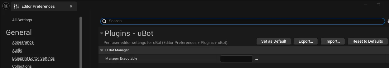 Editor Preferences 的「Plugins - uBot」页，分类「U Bot Manager」下只有 Manager Executable 一项