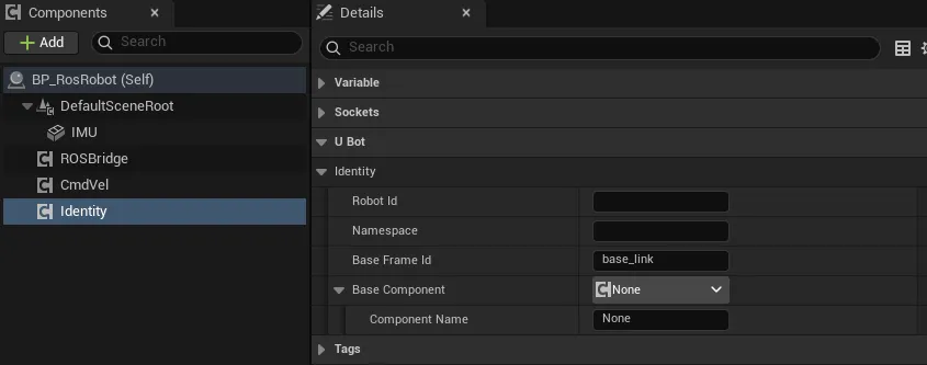 uBot Identity 组件的 Details 面板：Identity 分类下有 Robot Id、Namespace、Base Frame Id 和 Base Component
