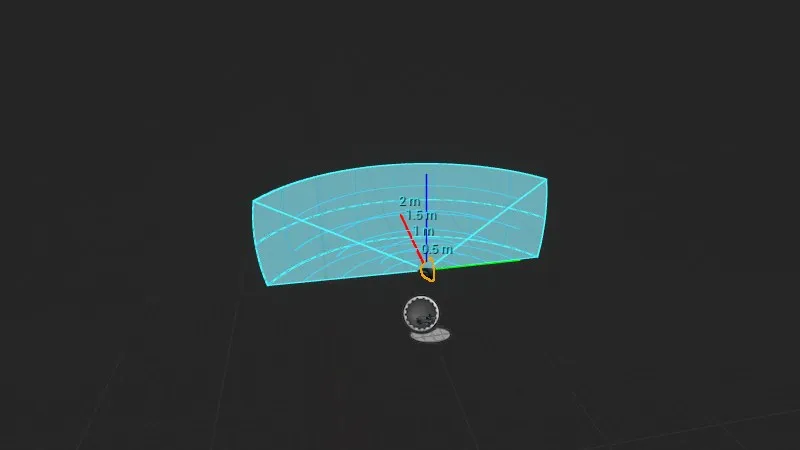 编辑器视口里选中 3D LiDAR 时画出的视场外壳（示意）