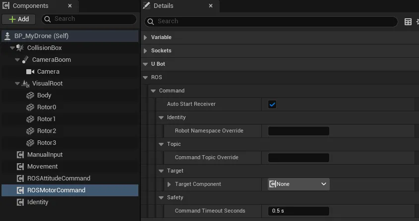 选中 ROSMotorCommand 时的 Details 面板：U Bot 的 ROS 下 Command 分类里的属性与姿态指令组件相同