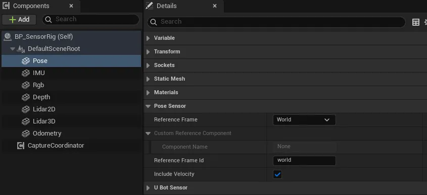 位姿传感器的 Details 面板：Pose Sensor 类别下有 Reference Frame、Custom Reference Component、Reference Frame Id 和 Include Velocity
