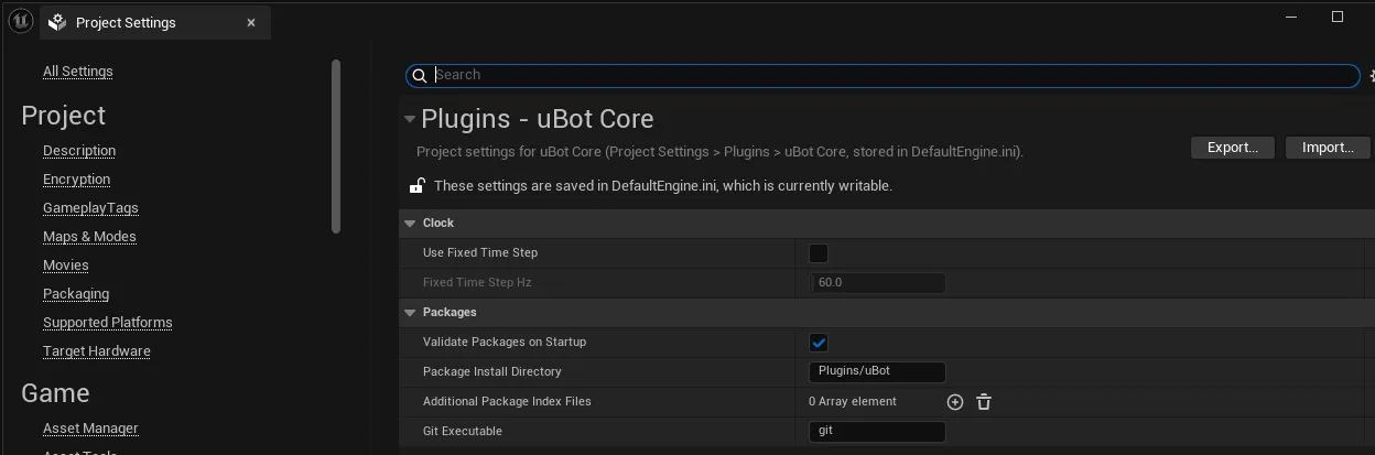 Project Settings 的「Plugins - uBot Core」页，有 Clock 和 Packages 两个分类