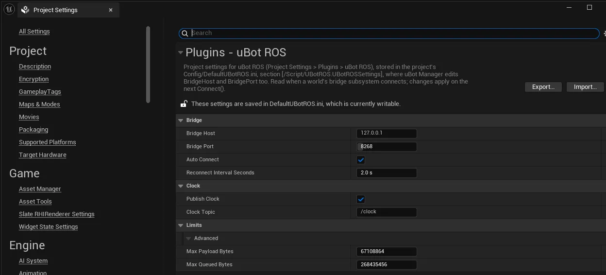 Project Settings 的「Plugins - uBot ROS」页：Bridge 分类里有 Bridge Host、Bridge Port、Auto Connect 和 Reconnect Interval Seconds