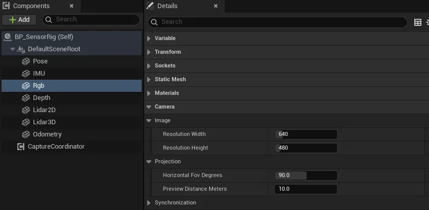 RGB 相机的 Details 面板：Camera 类别下 Image 里是分辨率，Projection 里是 Horizontal Fov Degrees 和 Preview Distance Meters