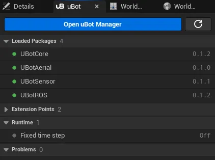 uBot 面板：顶部是「Open uBot Manager」按钮，下面是 Loaded Packages 里的插件和版本，以及 Extension Points、Runtime 和 Problems