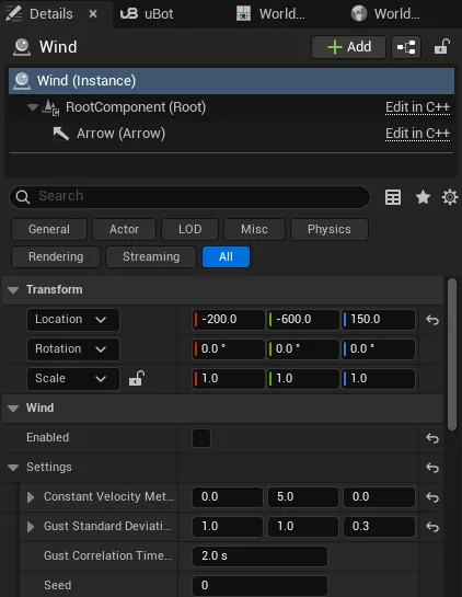 关卡里 uBot Wind 的 Details 面板：Wind 下有 Enabled 和 Settings 的四项，示例是试飞关卡里关闭着的风